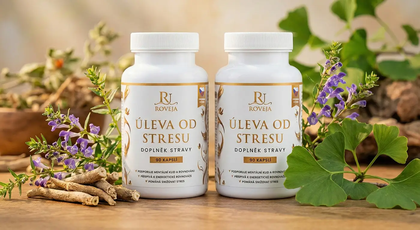 Roveja Úleva od Stresu – výhodné dvouměsíční balení doplňku stravy s přírodními složkami Ginkgo biloba, Ashwagandha a Šišák bajkalský v reálné podobě